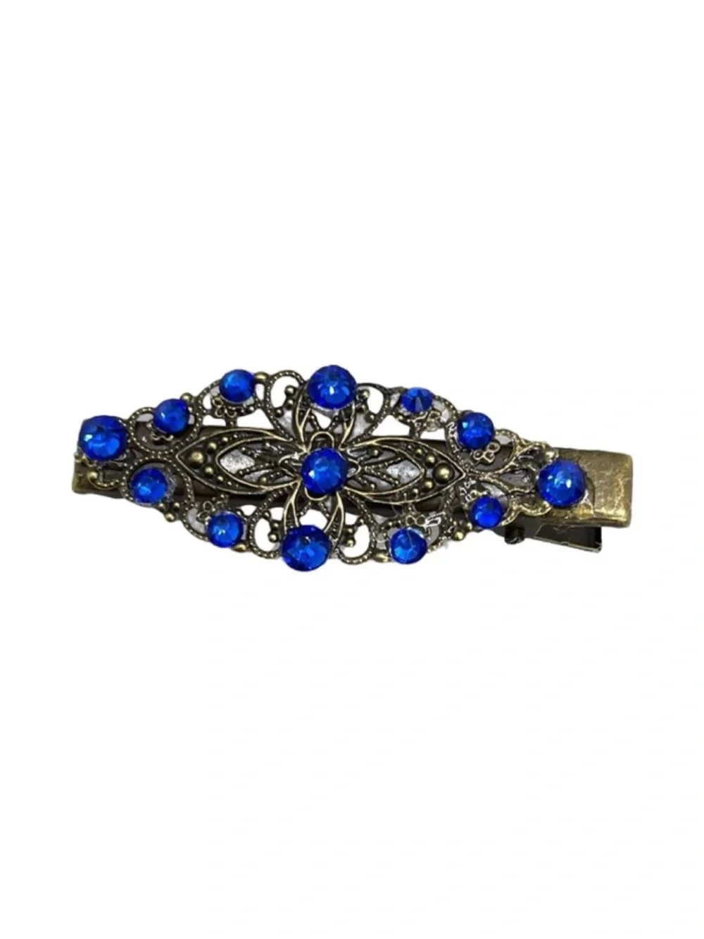 Antique-Style Filigree Barrette with Cobalt Blue Rhinestones FINAL PRICE DROP